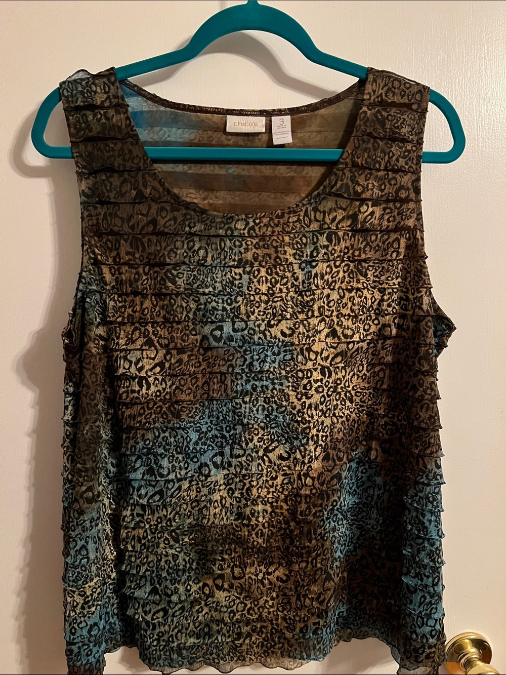 Chico's Teal and Brown Leopard-Print Ruffle Tank